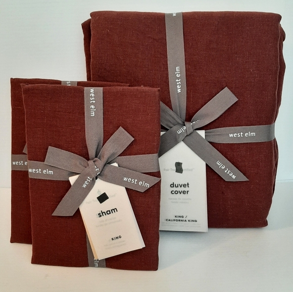 West Elm European Flax Linen King Duvet Cover & 2 King Shams Currant Red - Picture 11 of 11